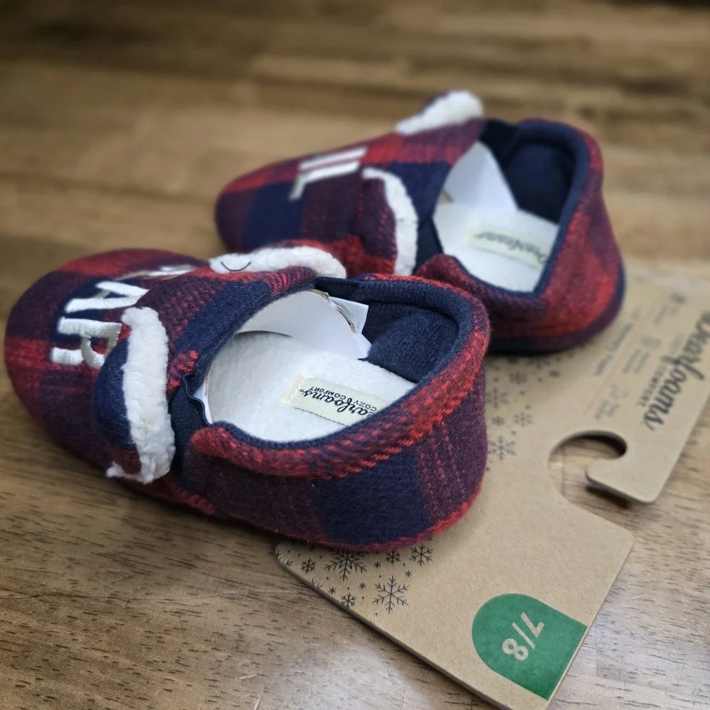 Dearfoams Lil Bear Slippers Toddler 7/8 Red Navy Buffalo Plaid Memory Foam NEW